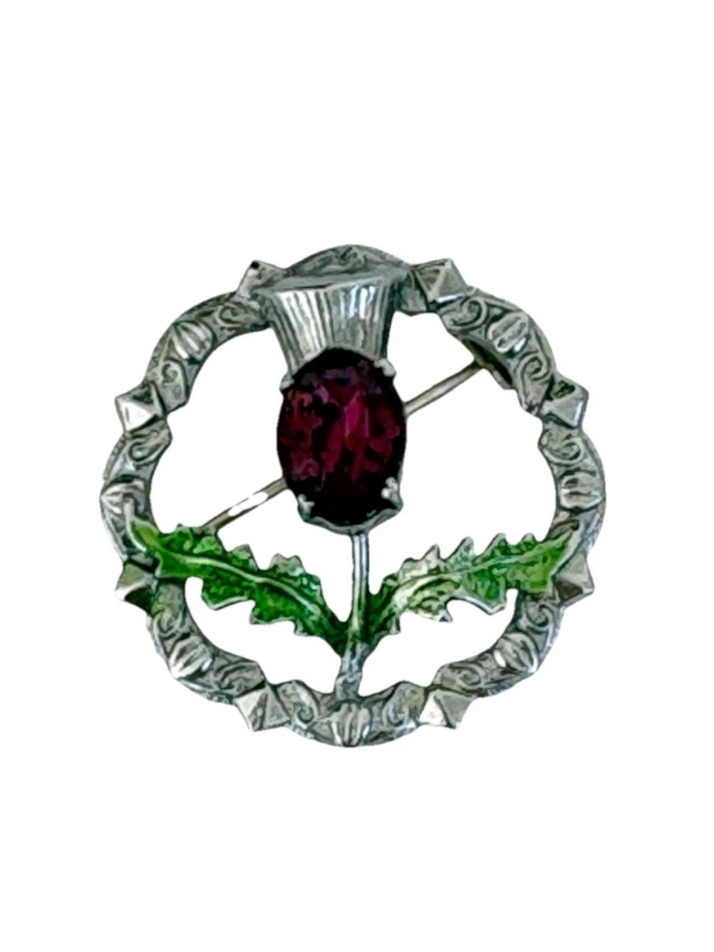 Vintage Signed Mizpah Scottish Thistle Amethyst Rhinestone Eternity Brooch